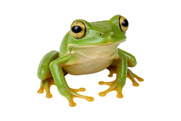 Obraz premium Vibrant green tree frog with striking yellow eyes sits patiently on a plain background