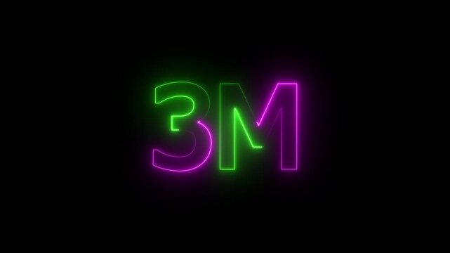 3 Millions Glowing neon line Letter Icon Animation. 3M followers and subscribers on black background 4K Video.