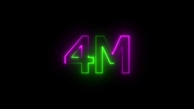 Glowing neon light 4M followers or subscribers celebration text animation on black background, Number 4M Neon Futuristic Effect, Trendy Glow Lighting, 4M animation neon text effect motion