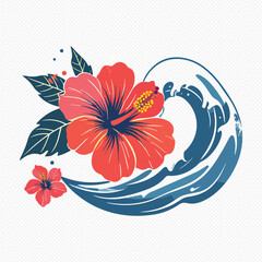 Vibrant coral hibiscus flowers with ocean wave and leaves on transparent background for summer designs © Yeasmin