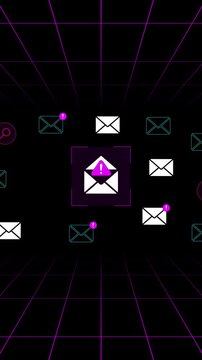 Technical perspective portrait layout displaying multiple system mailbox logs and incoming digital envelope notifications in 9:16.