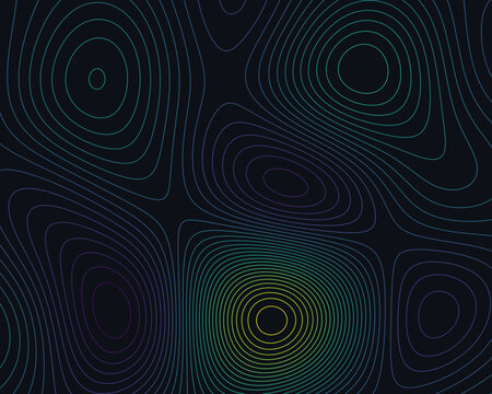 Vibrant neon topographic contour line pattern on dark background, representing an abstract scientific heightmap data visualization.
