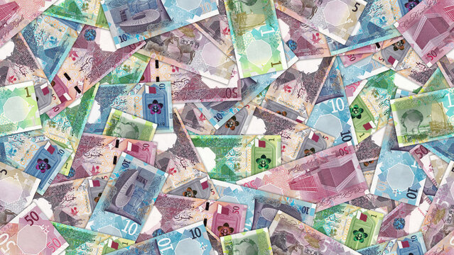 Seamless pattern. Financial illustration. Scattered qatari 1, 5, 10, 50 riyal banknotes. Obverse. Money of State of Qatar. Bills of one, five, ten, fifty riyals. Economic texture. Wallpaper background