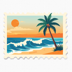 Obraz premium Vibrant beach scene with palm tree at sunset on a postage stamp