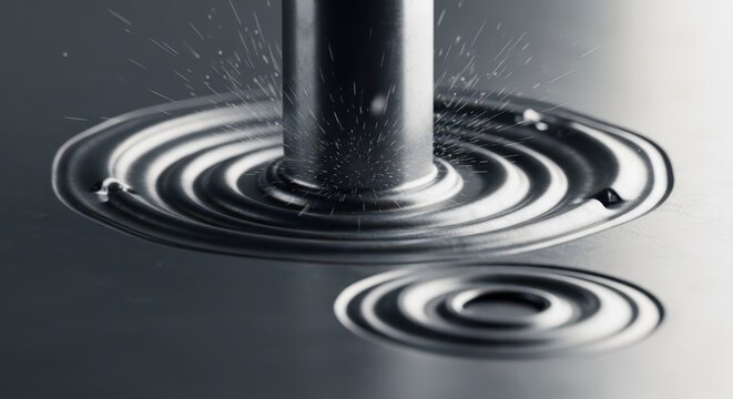 Industrial metal forming process showcasing collision impact and material deformation with fluid dynamics and splashing