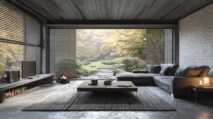 Obraz premium Modern living space features large windows overlooking an autumn garden with a stone staircase