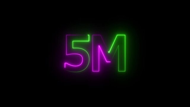 5 Millions Glowing neon line Letter Icon Animation. 5M followers and subscribers on black background 4K Video.