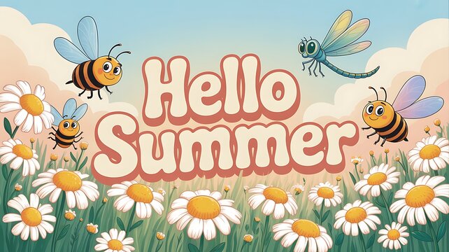 Banner hello summer with dandelions. Bright yellow dandelions, two bees and a dragonfly. Summer illustration for banner, poster or flyer.