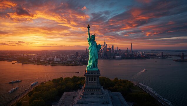 Aerial view of the statue of liberty in new york harbor during a vibrant orange and purple sunset over the city