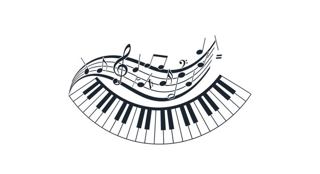 Black and white piano and musical notes illustration.