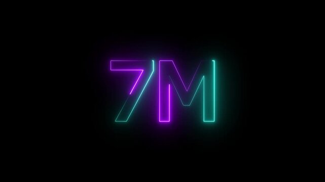 7M million neon glowing text animation on black background.7 Million achievement for social media videos animation.