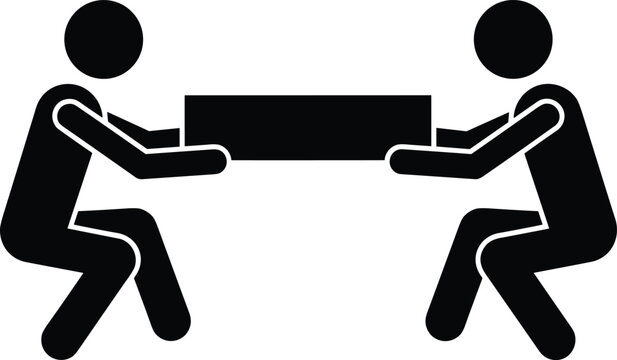 Black and white silhouette illustration of two people lifting a heavy box together symbolizing teamwork, cooperation, and safe manual handling practices
