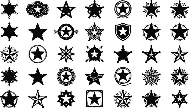 Assortment of sheriff star badges and cowboy symbols for western theme designs
