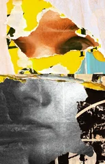 Posters old colorful ripped torn grunge backgrounds creased crumpled paper backdrop surface placard, people female woman face collage montage © Nikola