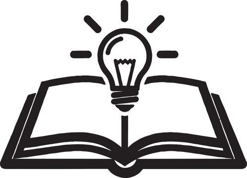 Open book with a light bulb symbolizing new ideas and knowledge eureka moment flat design black and white knowledge learning education inspiration creativity innovation discovery