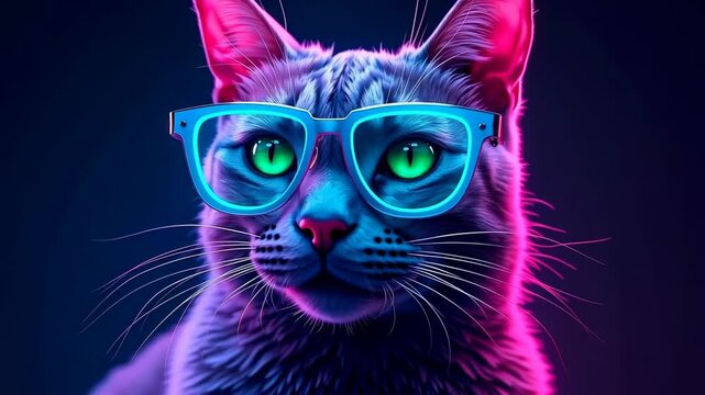 Cat with bright green eyes wearing blue glasses poses against a colorful neon background, showcasing vibrant colors and striking visual appeal in a playful manner