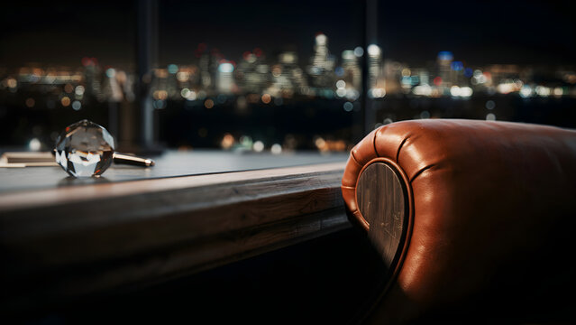 Close up of a brown leather seat in a dimly lit movie theater