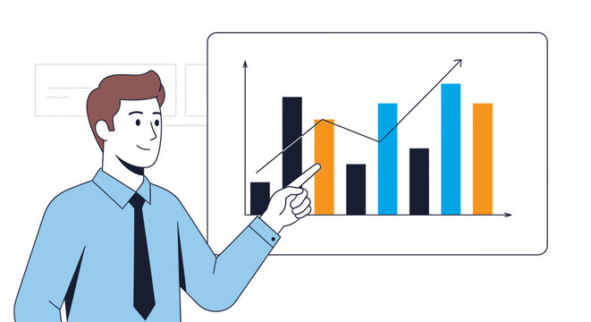 Businessman presenting financial chart on screen.