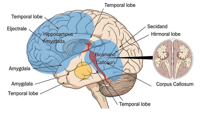 Detailed diagram of human brain anatomy with labels.