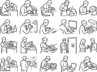 Obraz premium A compilation of line art illustrations depicting various industrial and technical processes, showcasing meticulous work and manufacturing activities.