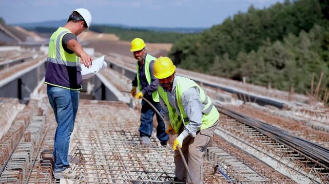 Engineers and workers install steel rebar on a highway bridge deck, showing teamwork, safety equipment, civil engineering, infrastructure development and road construction progress in open terrain.