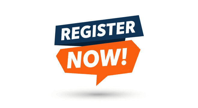 Register now speech bubbles in blue and orange
