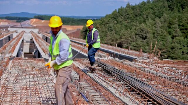 Engineers and workers install steel rebar on a highway bridge deck, showing teamwork, safety equipment, civil engineering, infrastructure development and road construction progress in open terrain.