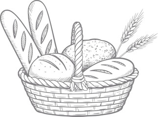 Obraz premium Hand-drawn of a woven basket filled with various baked bread and wheat stalks