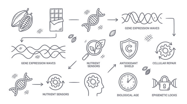 Chocolate DNA Longevity Icon Set with Cellular Repair and Epigenetic Science Concepts