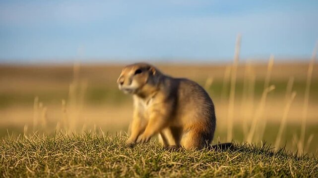 Prairie dog standing on hind legs in grassy field.