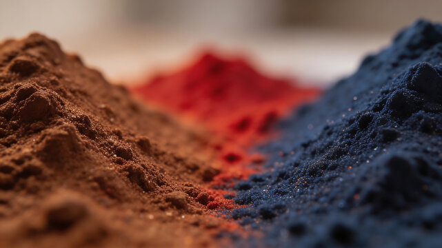 Three piles of colored powders for immersive visual experiences and creative projects