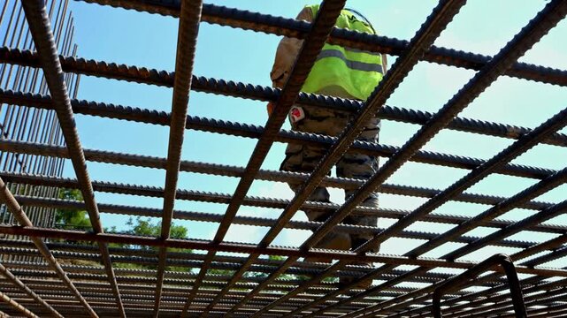 Low angle view of a construction worker walking across steel rebar reinforcement on a bridge or infrastructure site, showing civil engineering, safety equipment and structural concrete preparation.