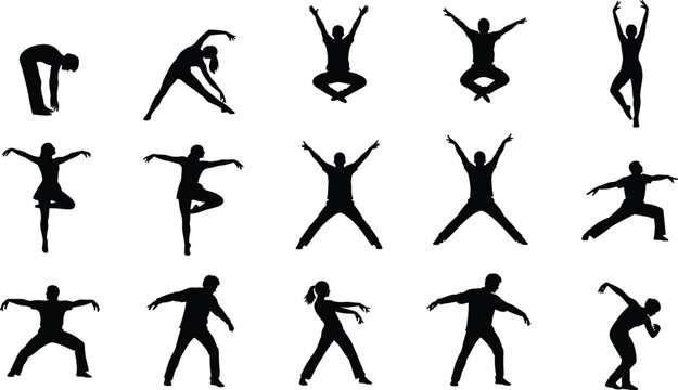 Black Silhouette Collection of Dancing Figures in Dynamic Poses Depicting Rhythm, Balance, and Expressive Human Movement