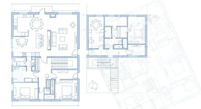 Two sets of house floor plans in blue