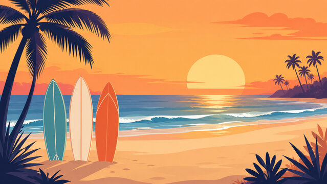 Summer sunset beach flat vector illustration with surfboards and palms