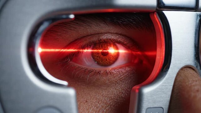 Close up of a metallic scanning device with a glowing laser beam moving across a complex circular pattern for iris recognition technology
