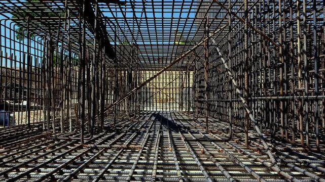 An empty steel rebar cage at an infrastructure construction site, showing concrete reinforcement, structural engineering, bridge or road work and large-scale building preparation.