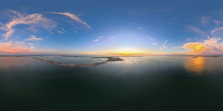 360 Aerial Panorama of Dunedin Causeway at Sunset over St. Joseph Sound, Florida