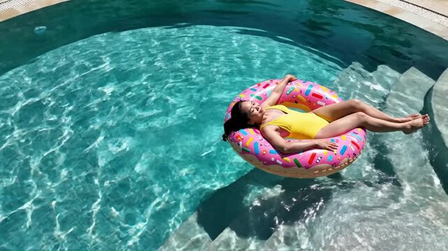 Relaxing Woman Floating on Donut Pool Float in Sunlit Swimming Pool