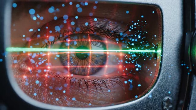 Macro cinematic visualization of a futuristic iris recognition scanner with laser beams and glowing particles for high security authentication