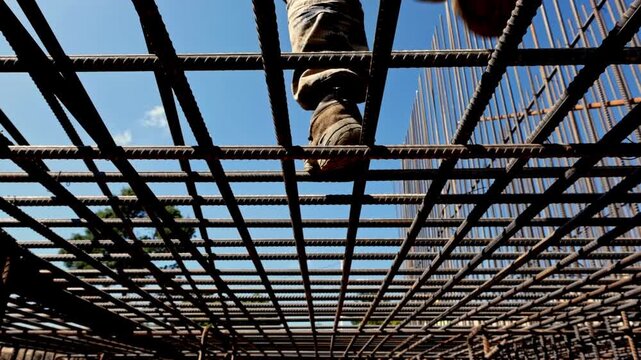 Low angle view of a construction worker walking across steel rebar reinforcement on a bridge or infrastructure site, showing civil engineering, safety equipment and structural concrete preparation.