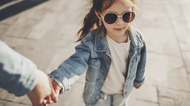 Little girl in denim jacket and sunglasses holding adult hand, walking confidently on urban pavement, enjoying childhood discovery