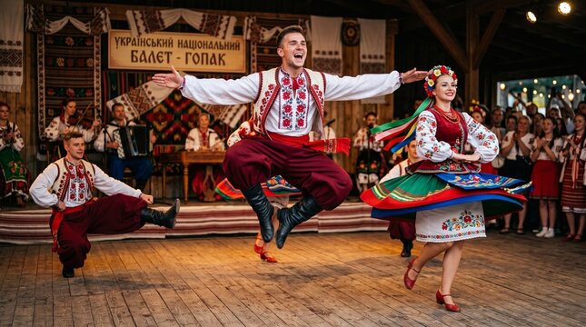 Dynamic Ukrainian Folk Dancers Performing Traditional Hopak Choreography Celebrating Rich Heritage and Vibrant National Culture