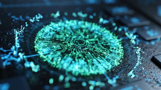 Cinematic close up of a glowing geometric circle with intricate patterns expanding and contracting to simulate a biometric security verification process