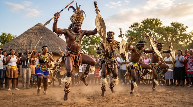 African Zulu Warriors Performing Traditional Tribal Dance Celebration Representing Rich Heritage and Vibrant Cultural Legacy
