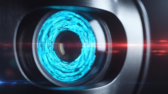 Cinematic macro shot of a futuristic iris scanner lens with rotating geometric patterns and shimmering light reflections for biometric security
