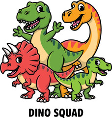 Cute Dino Squad Cartoon Dinosaur Group Illustration with Colorful Prehistoric Characters for Kids Adventure Design © MdAbdullahAl