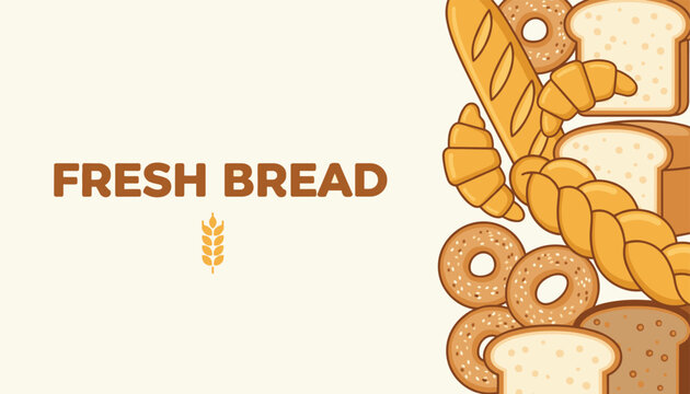 Fresh bread bakery banner decorated with different bakery items like baguette croissants bagels and sliced toast.
