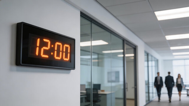 Office hallway with digital clock and people emphasizing entrepreneurial spirit and innovation