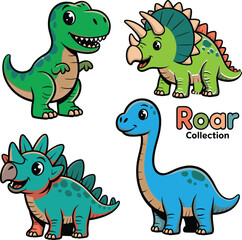 Cute Dinosaur Roar Collection with Tyrannosaurus Triceratops Stegosaurus and Sauropod Cartoon Vector Character Set © MdAbdullahAl